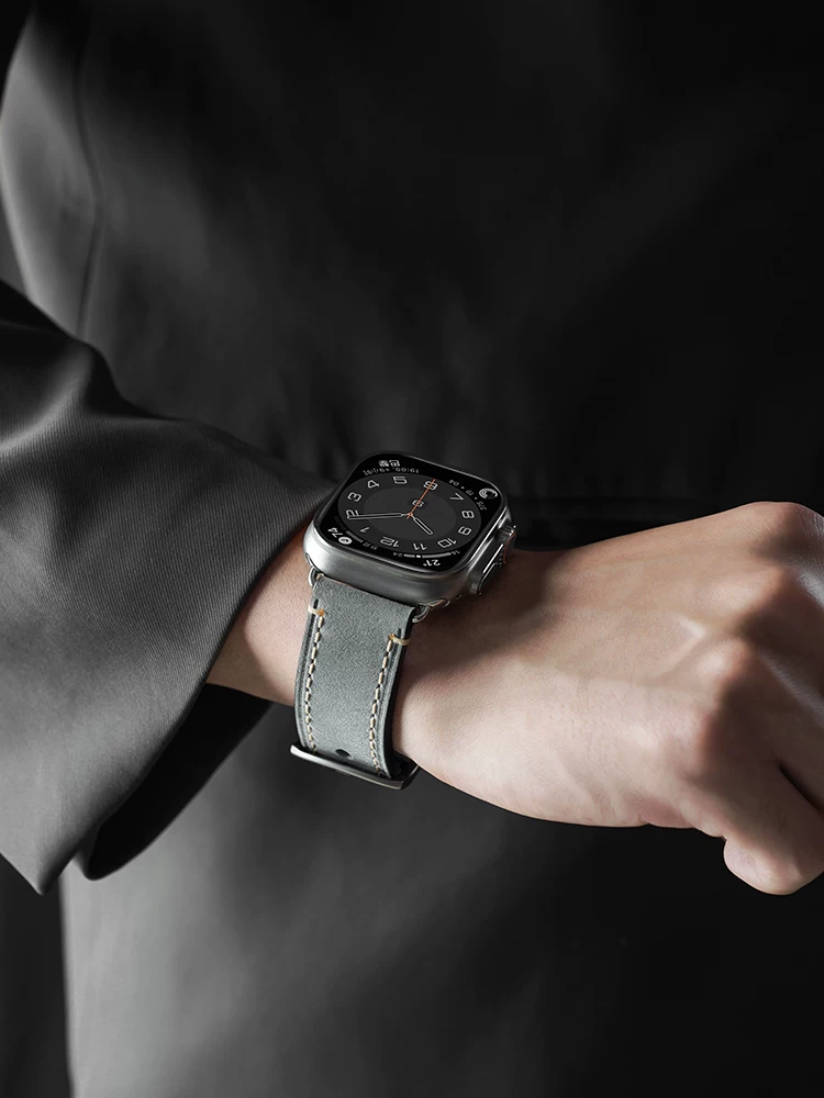 表带哥 Applicable Apple iWatchs9 watch with leather Applewatch strap metal IWATCH8 men's autumn and winter new AppleWatchultra2 generation apple watch women's models