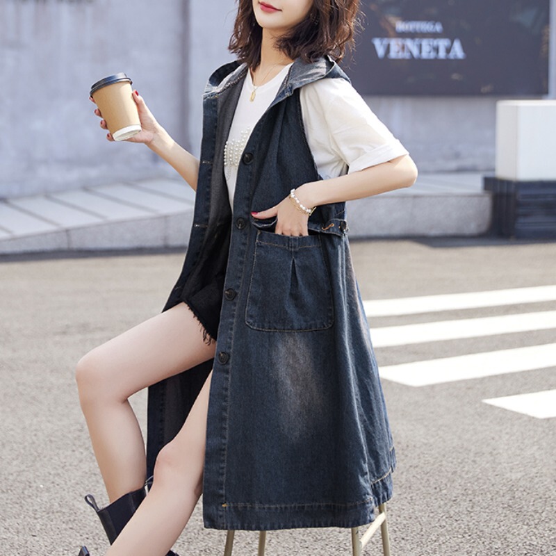 Vintage Pocket Hooded Long Denim Vest for Women, Spring and Autumn Mid-Length Sleeveless Trench Coat Vest