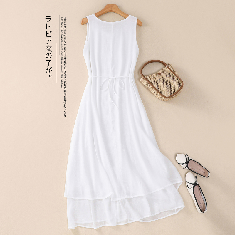 White High-End Cotton and Linen Sleeveless Dress for Women, New Summer Linen Tank Top Slip Dress for Spring and Autumn