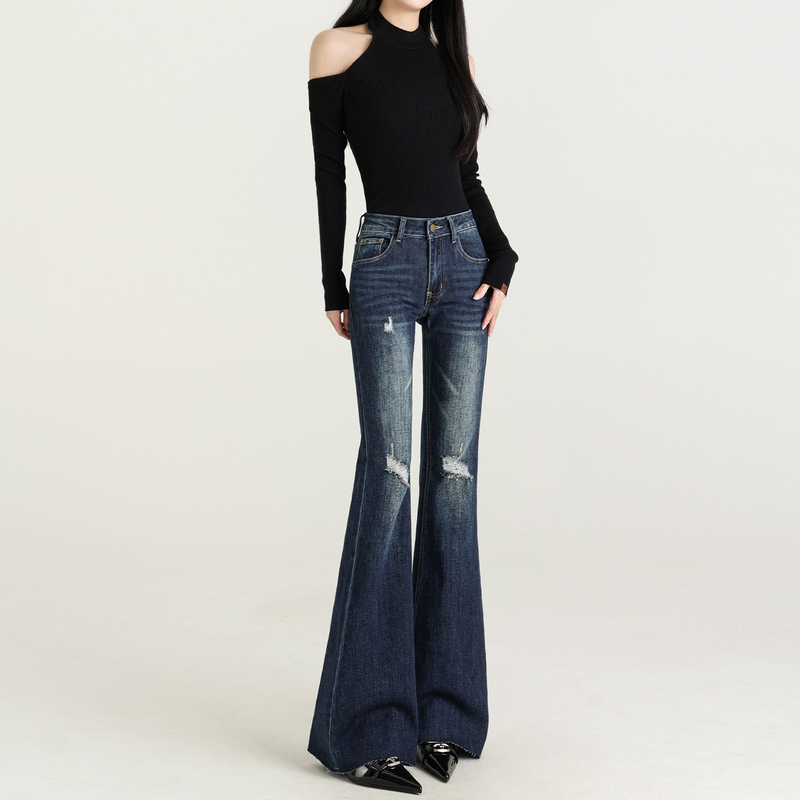 Vintage Dark Blue Ripped Flared Jeans for Women, Low-Waisted, Slim-Fit, Stylish, Frayed Hem, Floor-Length Pants