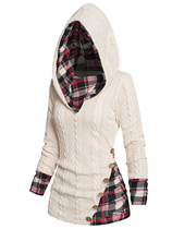 Twisted Cable Knit Plaid Print Hooded Sweater Mock Button Ru
