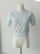 Women Diamond Hallow Out Blue Knitted T Shirt Casual All-Mat