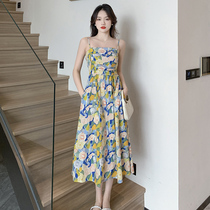 Sweet oil painting floral dress summer new style waist slimming holiday style suspender dress has been released