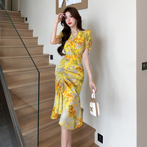 Floral chiffon dress for women 2023 summer new style seaside vacation high-end temperament slim long skirt 339-2
