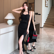Real shot of sexy black suspender halterneck ruffled top slit long skirt elegant pitted knitted suit for women
