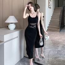 Real shot of hot girl sexy black mesh suspender dress Xia Yujies temperament waist slimming long skirt with hip covering