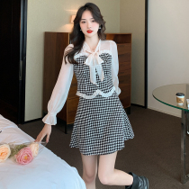 New autumn and winter plaid splicing shirt and skirt sweet and fashionable two-piece set for small people