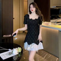 Actual shot of 2023 new summer style French style jacquard bow stylish slim dress 8223