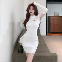 Fashionable knitted dress with slim design sleeves inside autumn and winter bottoming hip skirt