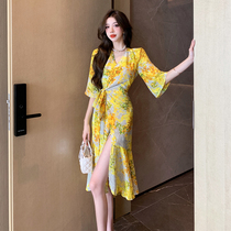 French dress for socialites sexy printed slim-fitting holiday style long skirt 982 with lining low return rate