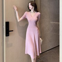 Real shot of temperament summer dress slim fit Korean style V-neck short-sleeved long knitted skirt high-end A-line skirt
