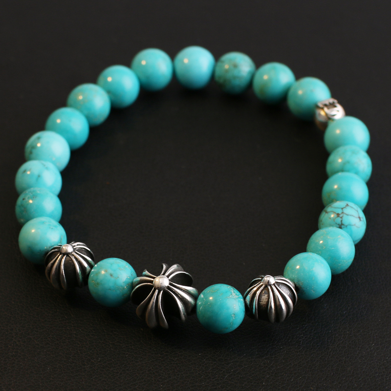 Old Silversmith High-Quality S925 Sterling Silver Cross Flower Letter Bead Turquoise Bracelet Trendy Unisex Couple Bracelet