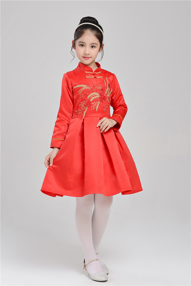 Váy trẻ em màu đỏ công chúa váy dài tay mẫu giáo hiệu suất quần áo bé gái kiểu váy pettiskirt Trung Quốc áo vest trẻ em