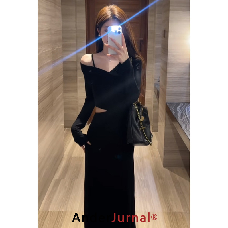 Ander Jurnal French-Style Black Off-Shoulder V-Neck Long-Sleeve Dress for Women, Waist-Cinching, Elegant, Waist-Revealing Long Dress Ander Jurnal French-Style Black Off-Shoulder V-Neck Long-Sleeve Dress for Women, Waist-Cinching, Elegant, Waist-Revealing Long Dress