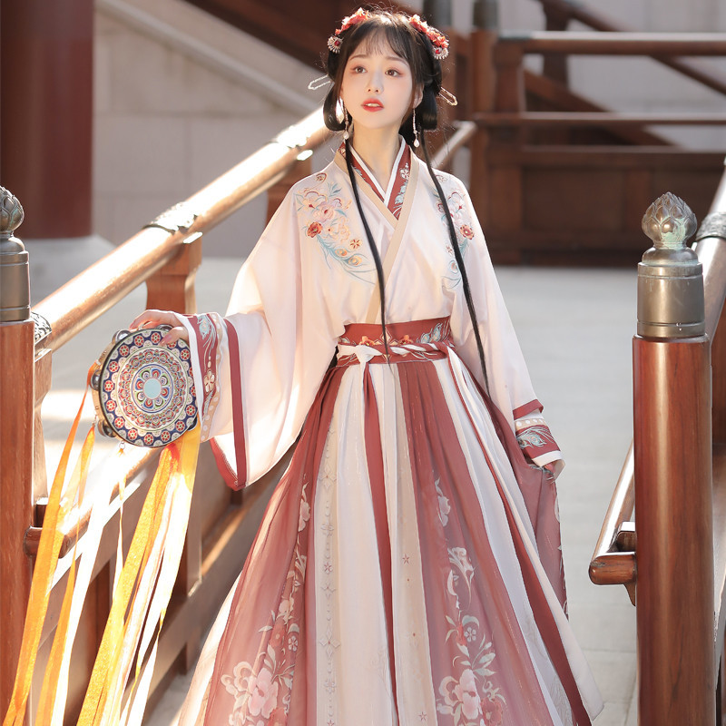 Original Authentic [Hua Jian Ling] Hanfu for Women from the Wei and Jin Dynasties, Chinese Style Cross-Collar Waist-Length Skirt, Daily Ancient Costume, Red