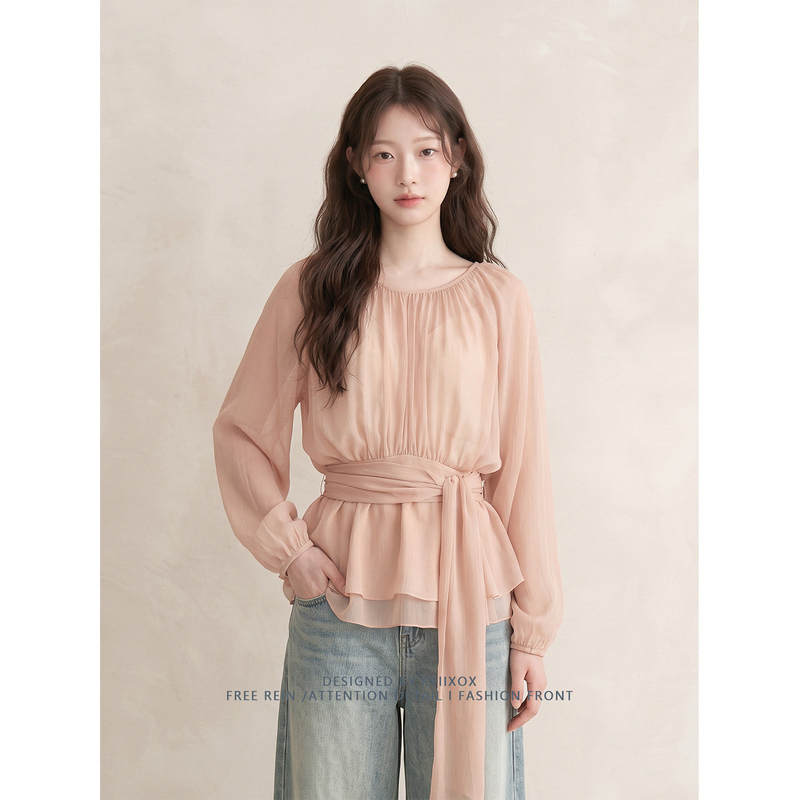 French-Style Gentle Lace-Up Waist-Cinching Ruffled Shirt for Women 2026 New Pleated Ribbon Layered Top