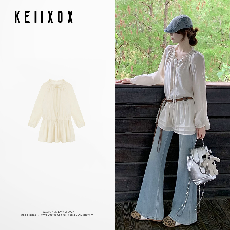 French Sweet Style Ruffled Long-Sleeve Drawstring Shirt for Women, New Autumn High-End Waist-Cinching Elegant Thin Shirt French Sweet Style Ruffled Long-Sleeve Drawstring Shirt for Women, New Autumn High-End Waist-Cinching Elegant Thin Shirt