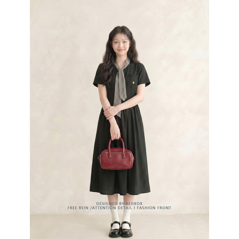 Summer Preppy Style Plaid Tie Waist Slimming Dress for Women, Black V-Neck Short-Sleeve Mid-Length Dress Summer Preppy Style Plaid Tie Waist Slimming Dress for Women, Black V-Neck Short-Sleeve Mid-Length Dress