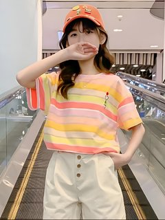 女童短袖t恤夏季2025新款儿童装大童夏装女孩半袖衣服条纹体恤7岁