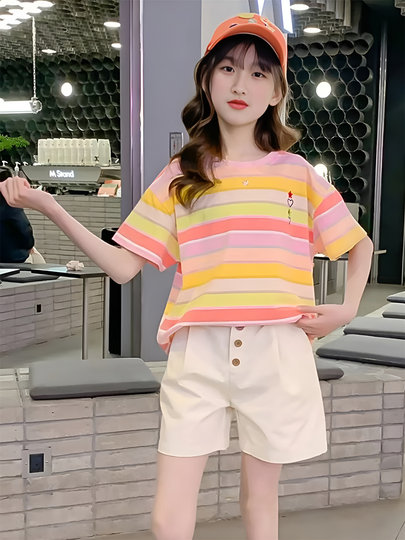 女童短袖t恤夏季2025新款儿童装大童夏装女孩半袖衣服条纹体恤7岁