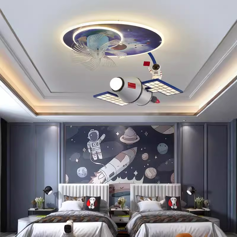 Children's Room Bedroom Lamp Astronaut Creative Aerospace Space Station Satellite Full Spectrum Bedroom Lamp Fan Lamp