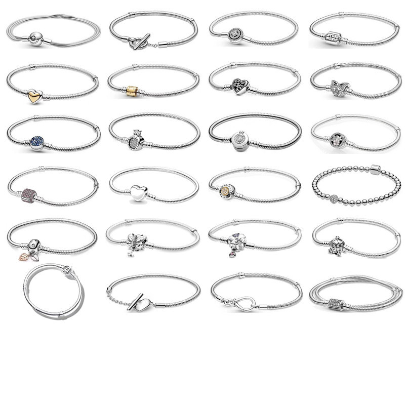S925 Sterling Silver Basic Snake Bone Beaded Bracelet Sparkling Blue Button Heart-Shaped T-Shaped Butterfly Bracelet Simple