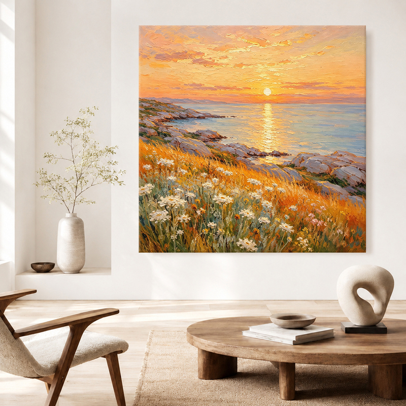 Hand-Painted Oil Painting "Sunrise at Sea" Square Decorative Painting for Dining Room and Living Room Background Wall, Niche Monet Landscape Wall Art Hand-Painted Oil Painting "Sunrise at Sea" Square Decorative Painting for Dining Room and Living Room Background Wall, Niche Monet Landscape Wall Art