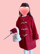 Korean childrens clothing girls woolen coat 2024 autumn and winter new Christmas and New Year red woolen coat thickened hooded
