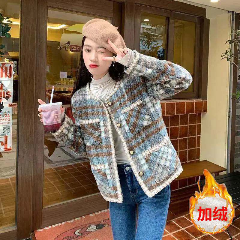 Girls little fragrance coat plus thickening short coat girls 2022 new menu and plate small fragrance