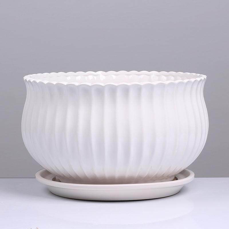 Green pot large diameter large white pot ceramic with tray circular balcony multi-meat plant pot green
