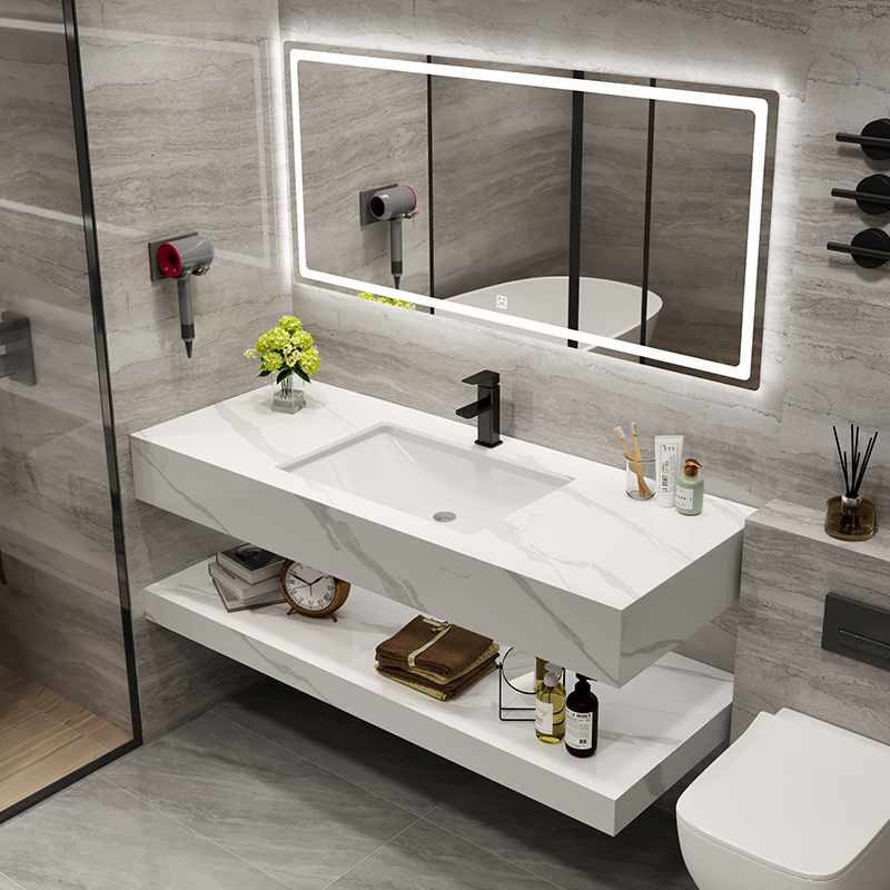 Cream-Style Slate Integrated Basin Bathroom Cabinet Combination, Modern Minimalist Hotel-Style Washbasin Bathroom Cabinet Vanity