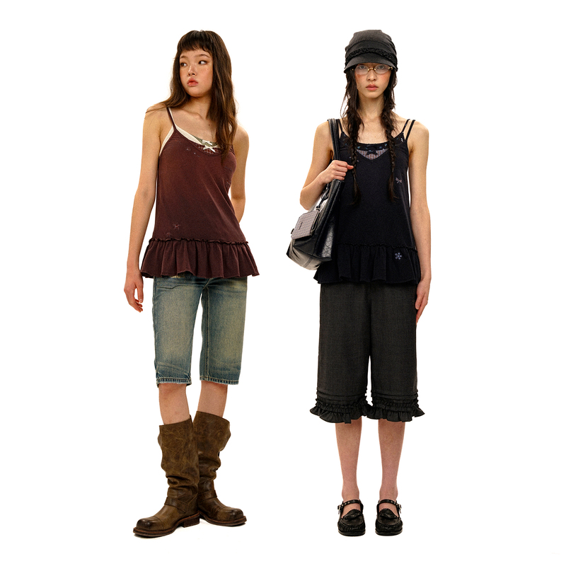 Moromoro* Linen-Feel Cotton Plaid Patchwork Beaded Embroidery Vintage Distressed Spray Horsehair Lace Hem Camisole
