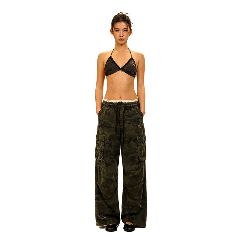 Moromoro* Star Rhinestone Camouflage Series Bikini Underwear/ Fake Two-Piece Workwear Casual Pants