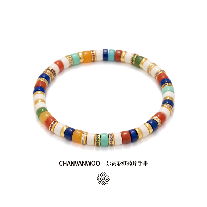 Qianfanwu 5.5mm Natural Multi-Gemstone Original Design Straight-Cut Tablet Bracelet, Finely Crafted with Lego Color Scheme