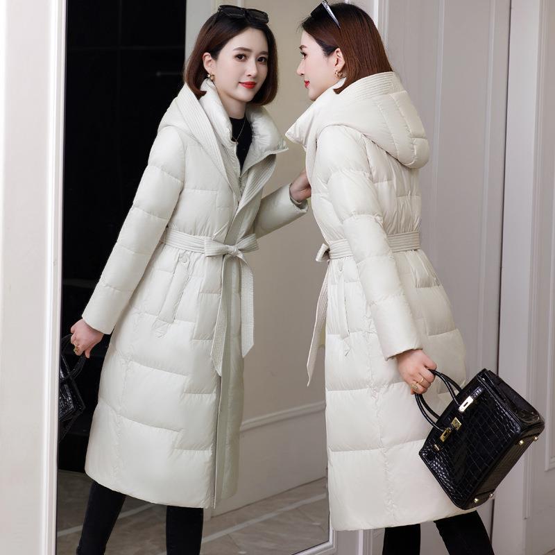Women's down Jacket 2025 New Winter Mid-Length Over-The-Knee Style with Waist Tie Casual Warm Coat for Middle-Aged Moms Thick