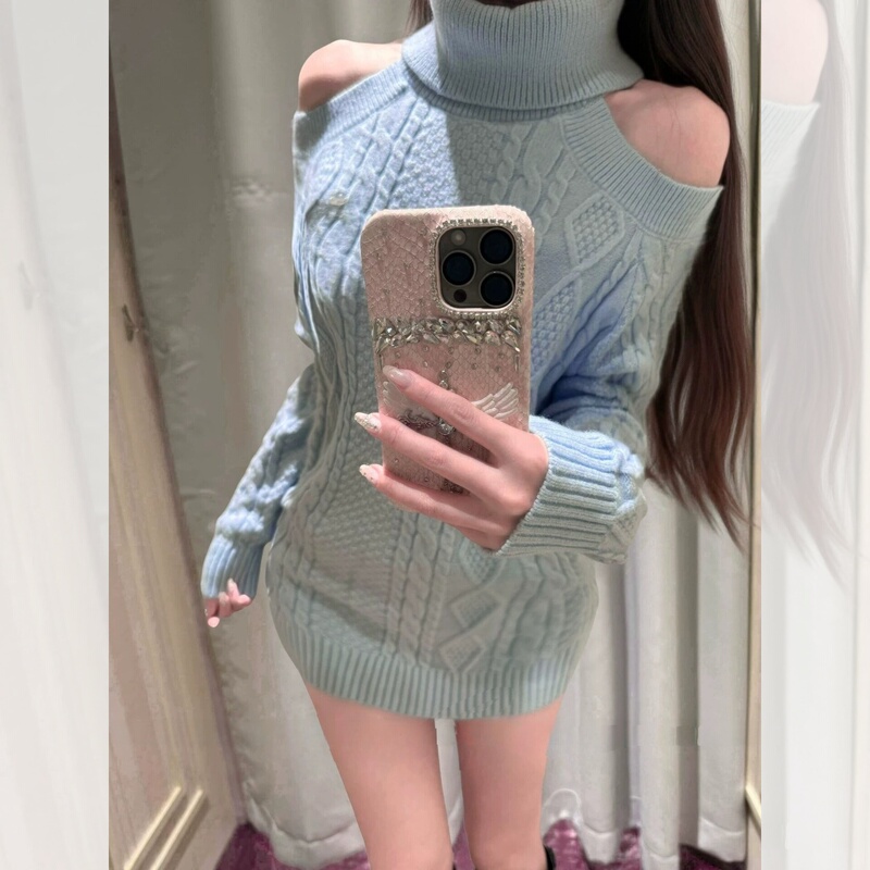 【Tempting Lace】Unique Back Design Niche High-Neck Sweater for Women, Loose Fit, Slimming Knitwear for Autumn