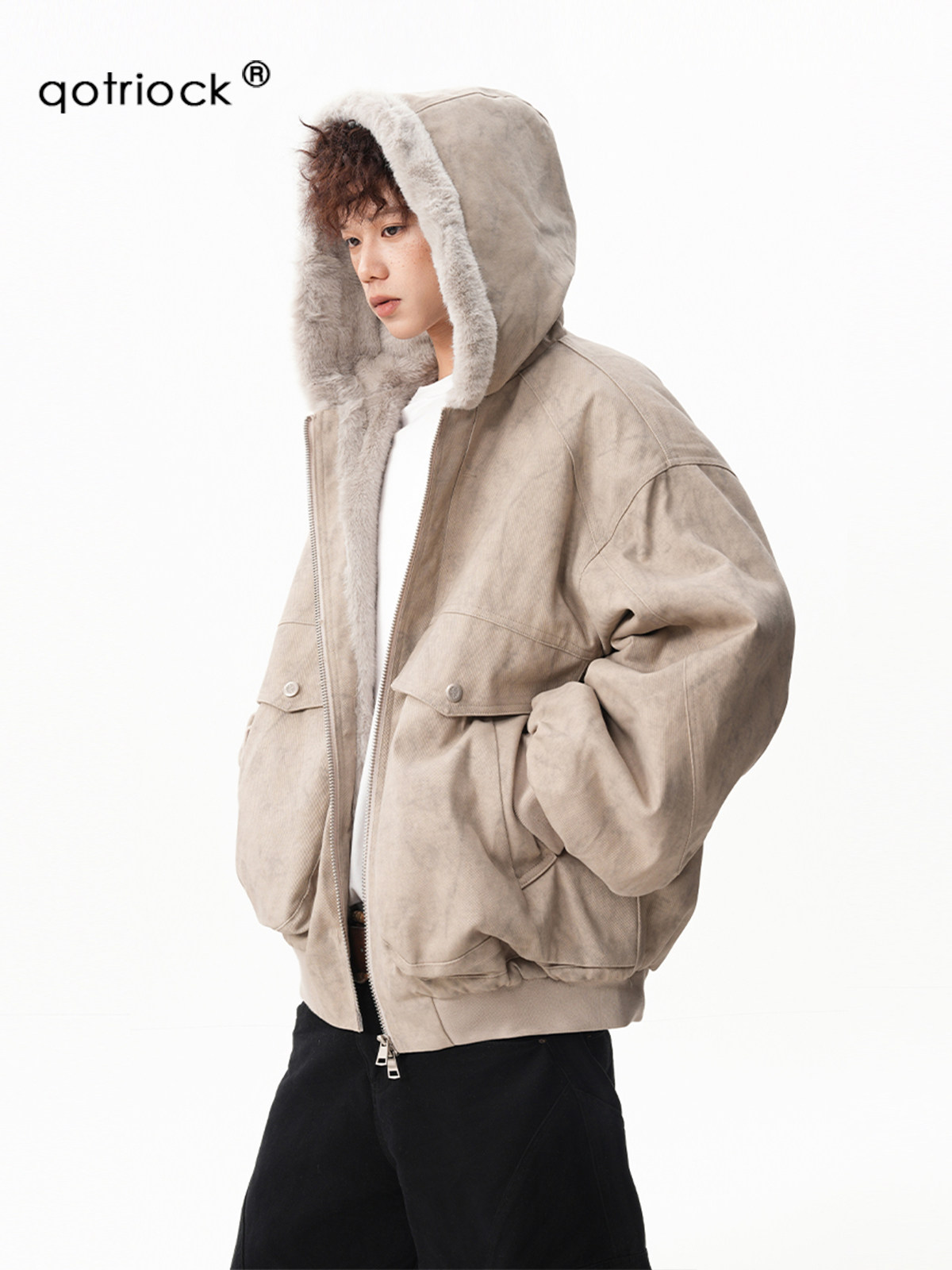 American-Style Fleece-Lined Marble-Patterned Hooded Cotton Jacket for Men, Winter Thickened Warm Cotton Coat, Loose Casual Hooded Outerwear