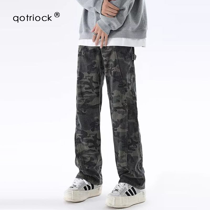 QOTRIOCK メンズとレディースのアメリカンカモフラージュジーンズ、ヘビーウェイトファッションブランド、ゆったりとした、ダメージ加工、デコンストラクト、ストレートレッグワークパンツ