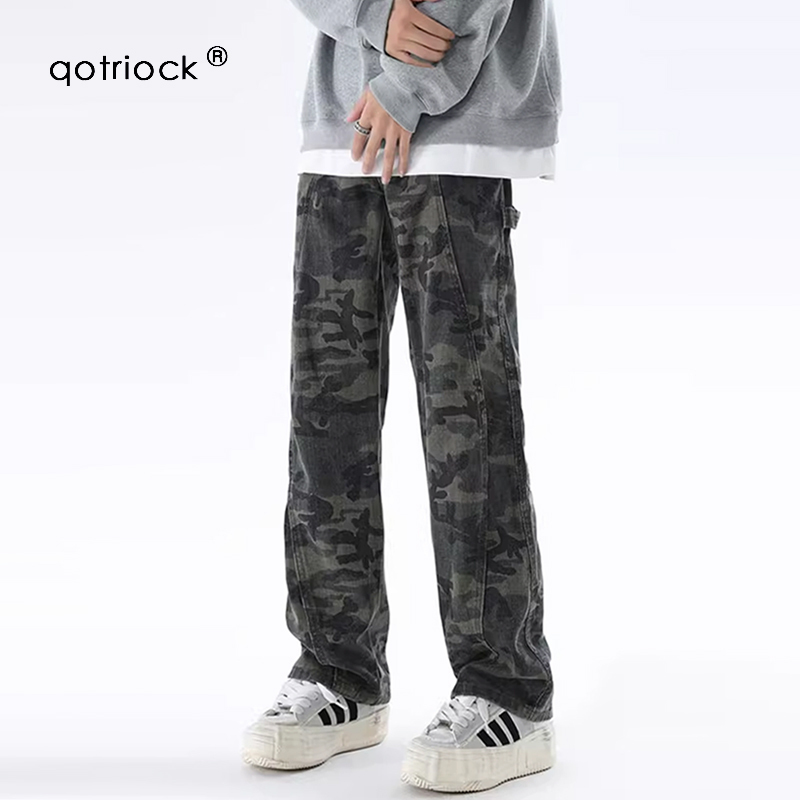 Qotriock American-Style Camouflage Jeans for Men and Women, Heavyweight Trendy Brand, Loose Fit, Fleece-Lined, Deconstructed Straight-Leg Work Pants