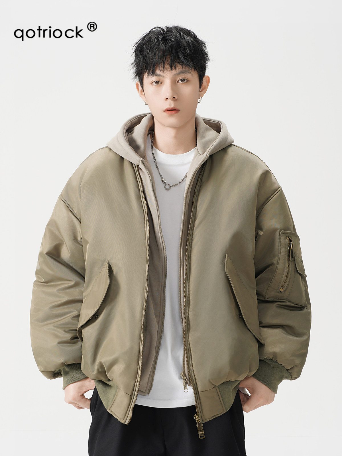 American High Street Style Faux Two-Piece Flight Jacket Cotton Coat for Men and Women, Winter Trendy Brand Design Cotton Clothing, Loose and Versatile Jacket