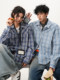 Blue Youthful Plaid Shirt Jacket for Men and Women, Autumn Trendy American Casual Long-Sleeved Cuban Collar Couple Shirt
