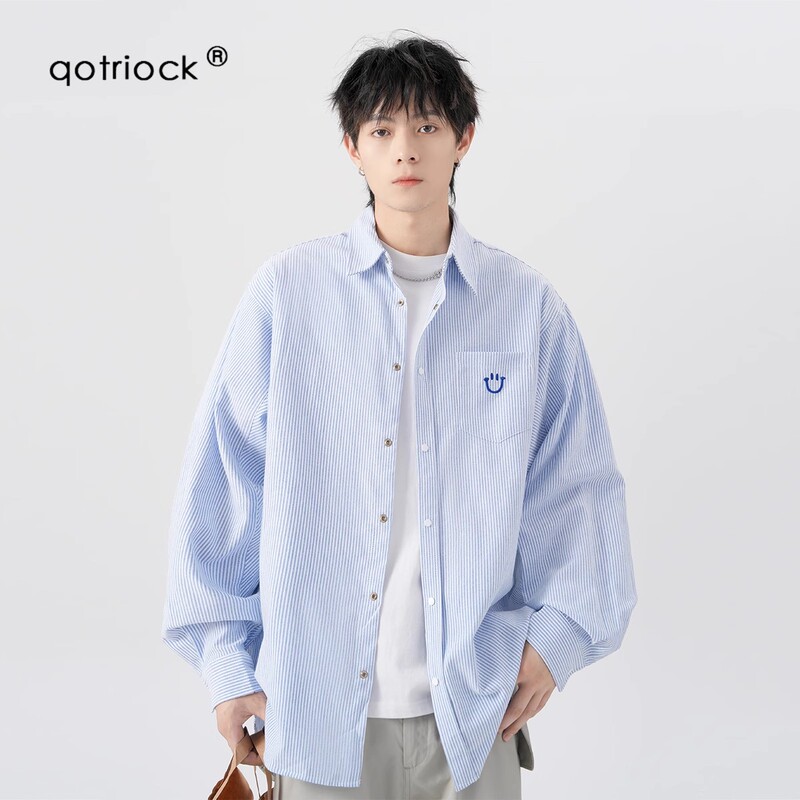 American-Style Striped Long-Sleeve Shirt for Men, Summer Trendy Brand Loose Jacket, High Street New Style with Smiley Face Embroidery, College Style Shirt American-Style Striped Long-Sleeve Shirt for Men, Summer Trendy Brand Loose Jacket, High Street New Style with Smiley Face Embroidery, College Style Shirt