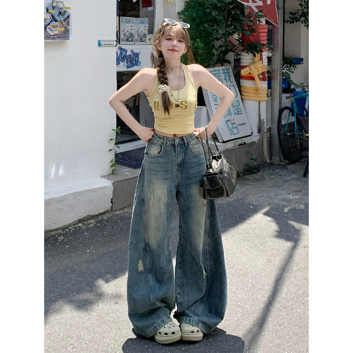 美式复古弯刀阔腿牛仔裤女春秋季2026新款高腰显瘦宽松垂感拖地裤