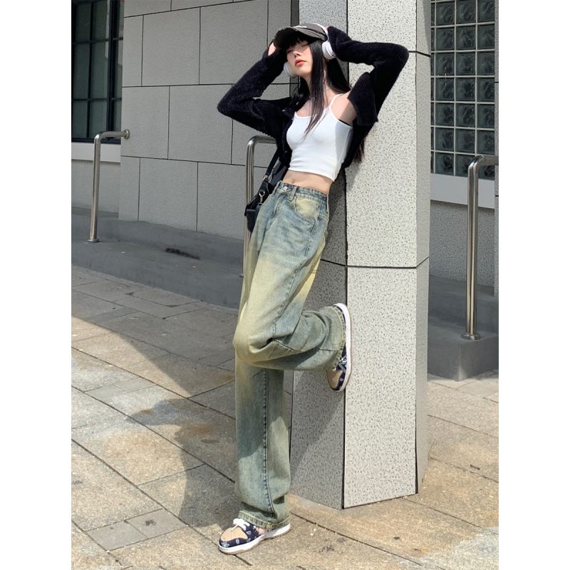 American Retro Distressed Wide-Leg Jeans for Women, Spring 2026 New Low-Waist Slimming Loose Floor-Length Straight Pants