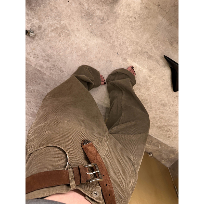 Highly Recommended~ Thin Khaki Green Corduroy Pants for Women, High-Waisted, Slimming Straight-Leg Pants, Vintage Thin Corduroy Casual Pants
