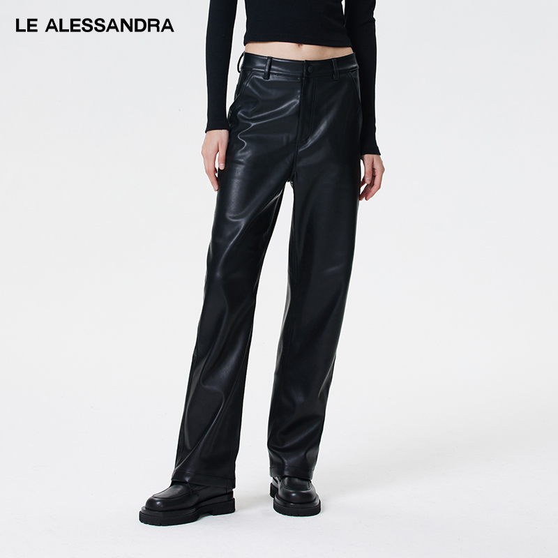 Brand Direct Sales Le Alessandra Black Retro Mid-High Waist Pu Straight-Leg Hidden Button Leather Pants Casual Trousers