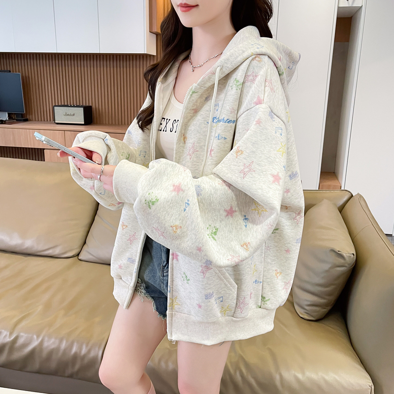 New American-Style Colorful Star Print Graffiti Hooded Sweatshirt Jacket for Women, Spring and Autumn College Style Versatile Hoodie for Women New American-Style Colorful Star Print Graffiti Hooded Sweatshirt Jacket for Women, Spring and Autumn College Style Versatile Hoodie for Women
