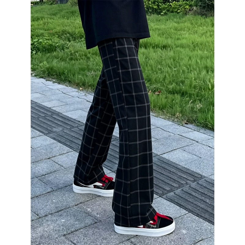 Cleanfit Black Straight-Leg Plaid Pants for Men, Spring and Autumn American Retro Plaid Pants, Slimming Flared Casual Pants