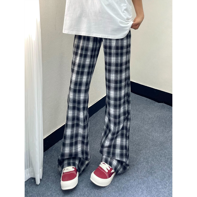Black and White Plaid Pants for Men, New Autumn Style, Casual Plaid Wide-Leg Pants, American Retro Slimming Flared Straight Pants