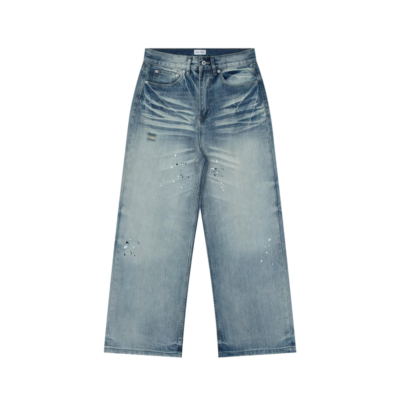 Loneshade Cream Light Blue A-Line Straight Loose Whiskered Honeycomb Splatter Ink Washed Jeans Loneshade Cream Light Blue A-Line Straight Loose Whiskered Honeycomb Splatter Ink Washed Jeans